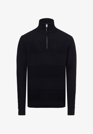 Schwarzer Strickpullover mit hohem Kragen und einem Viertelreißverschluss. Strukturiere Streifen über dem Körper und gerippte Bündchen.