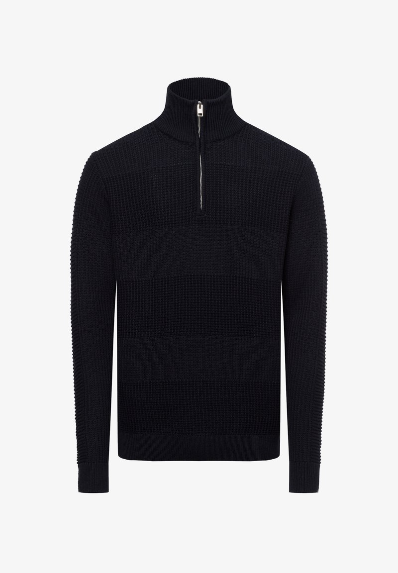 Zwarte gebreide trui met een hoge kraag, voorzien van een kwart-ritssluiting. Gelaagde strepen over het lichaam en geribbelde manchetten.