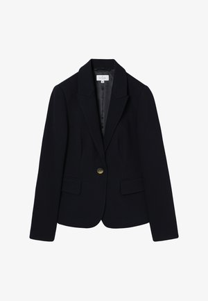 Blazer bleu marine en tissu lisse avec une coupe cintrée, des revers crantés, et un bouton doré unique. Il dispose de deux poches devant.