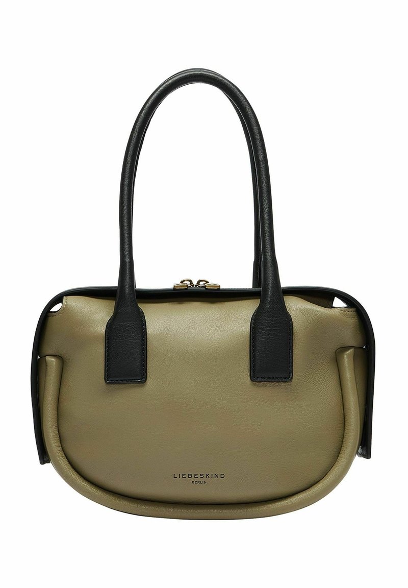 Olivengrüne Lederhandtasche mit schwarzen Akzenten, strukturierte Form, zwei kurze Griffe, Reißverschluss und dezent geprägtes Markenlogo auf der Vorderseite.