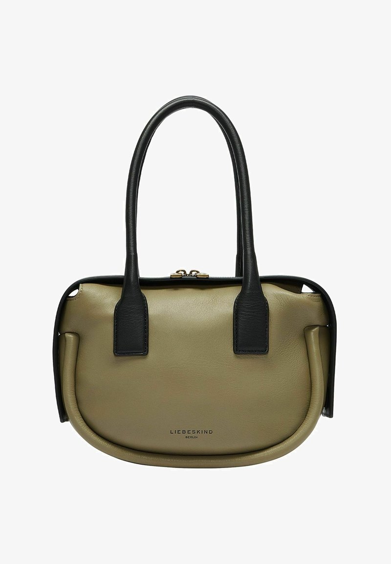 Olivengrüne Lederhandtasche mit schwarzen Akzenten, strukturierte Form, zwei kurze Griffe, Reißverschluss und dezent geprägtes Markenlogo auf der Vorderseite.