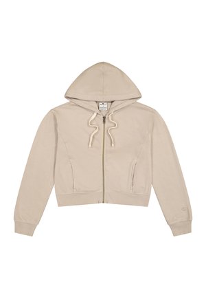 Felpa corta beige con zip frontale, cappuccio regolabile e tasche laterali. Realizzata in tessuto morbido, presenta polsini a costine e logo sulla manica.