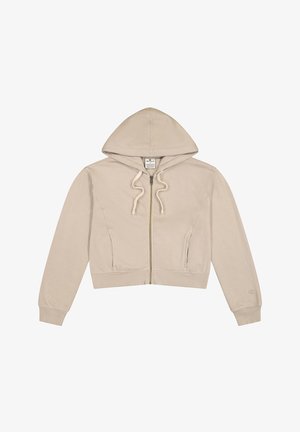 Beige cropped hoodie met een rits aan de voorkant, een capuchon met koord en zijzakken. Gemaakt van zachte stof, met ribgebreide manchetten en een logo op de mouw.