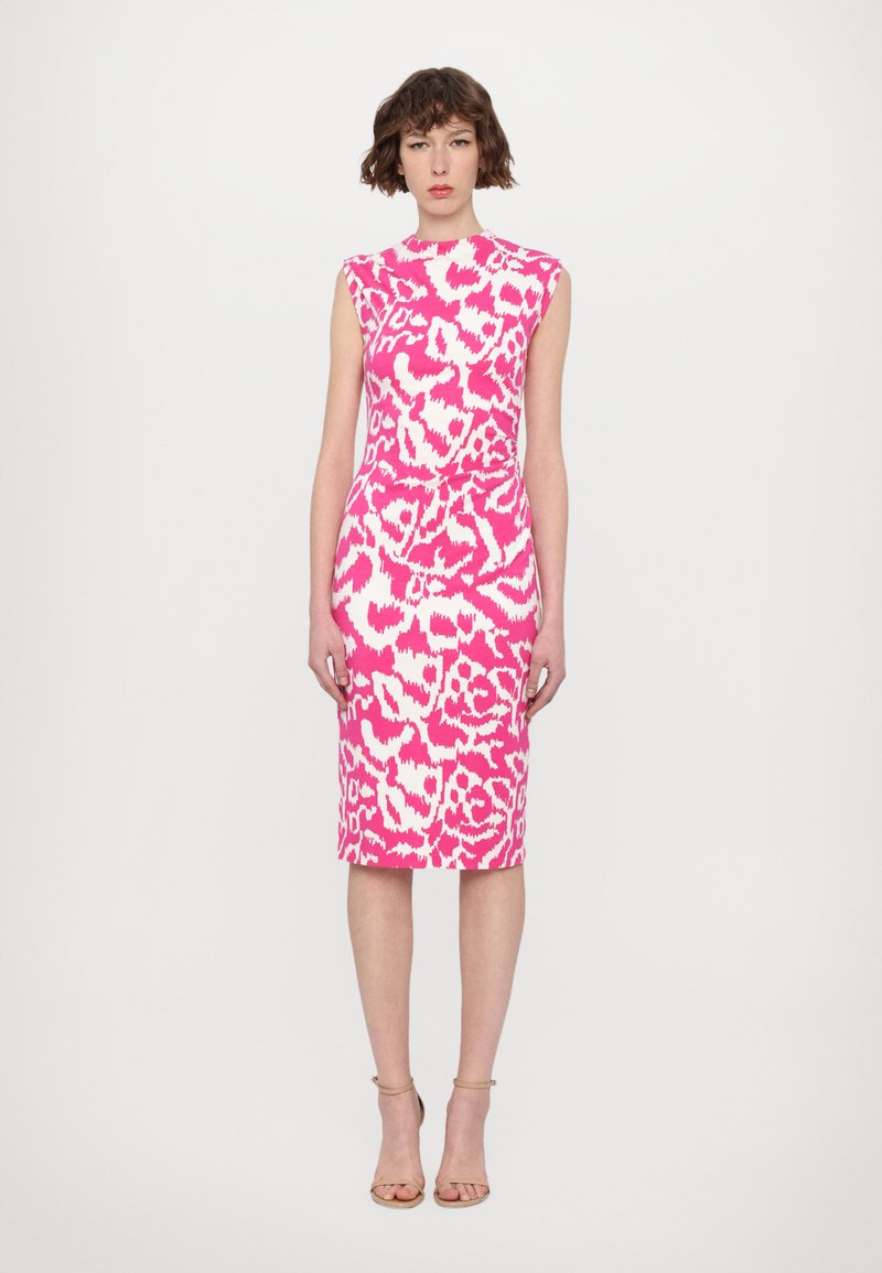 Fitted, sleeveless dress with a bold pink and white abstract pattern. Knee-length with a subtle sheen and square neckline.