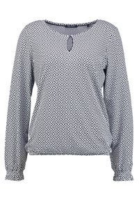 Langärmelige Bluse in einem geometrischen Muster in Marineblau und Weiß, mit einem runden Halsausschnitt und einem Schlüssellochdetail sowie gerafften Manschetten.