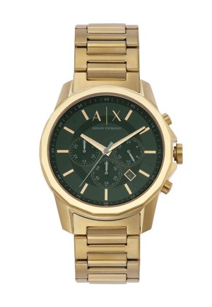 Zegarek na rękę Armani Exchange w złotym kolorze z zieloną tarczą, trzema subtarczami, okienkiem daty oraz bransoletą z ogniwami metalowymi.
