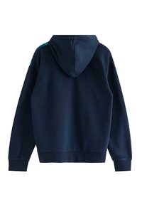 Donkerblauwe hoodie met een kangoeroezak, verstelbare trekkoordkap en ribgebreide manchetten. Gladde textuur en minimalistisch ontwerp.