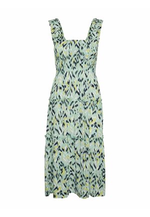 Robe midi sans manches à volants aux bretelles avec un motif abstrait noir, jaune et blanc sur un fond vert clair.