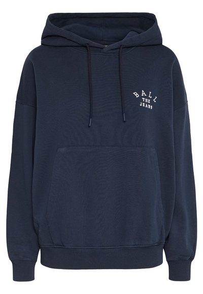 Felpa blu navy realizzata in un tessuto morbido, con tasca frontale, cappuccio con coulisse e testo del logo bianco: "BALL THE JEANS" sul petto.