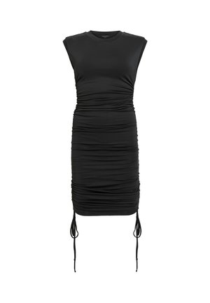 Svart ärmlös klänning tillverkad av sträckt tyg, med sammanbundna sidodetaljer och justerbara dragsnören vid fållen.