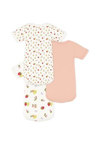 Τρία κορμάκια κοντομάνικα: ένα με μοτίβο φρούτων σε λευκό φόντο, ένα άλλο με πολύχρωμα φρούτα σε κρεμ αποχρώσεις, και ένα μονόχρωμο σε απαλό ροζ.