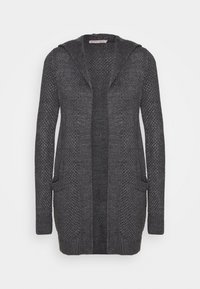 Mörkgrå stickad cardigan med huva, öppen front och två framfickor. Texturerat mönster över hela plagget och ribbade ärmslut och fåll.