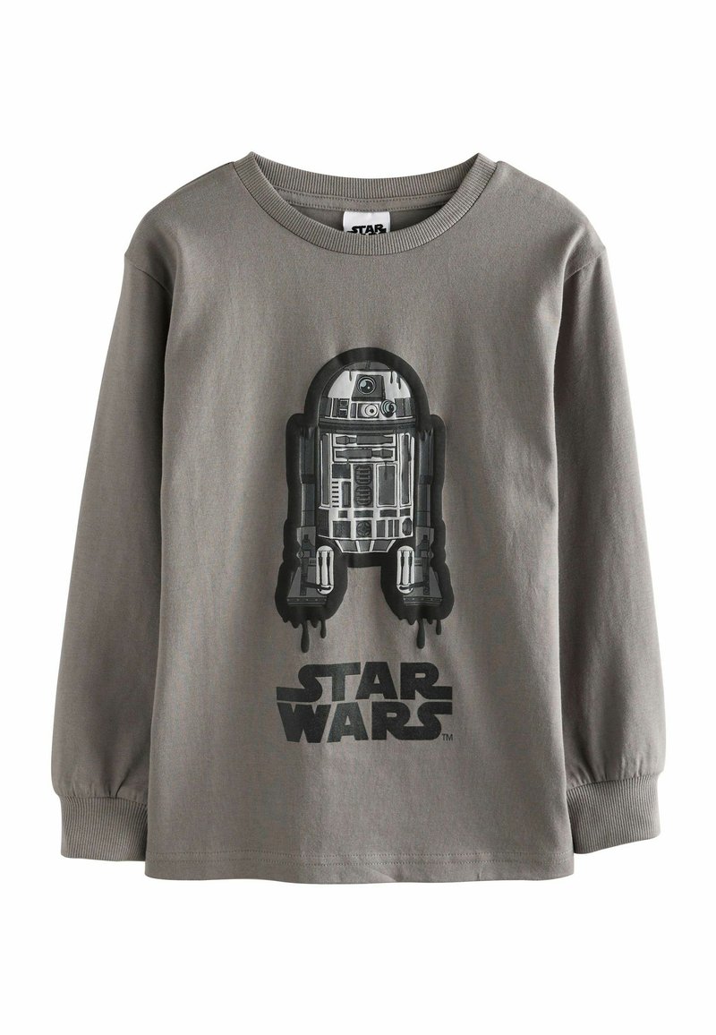 Szary długi rękaw T-shirt wykonany z bawełny, z czarną grafiką R2-D2 i tekstem "STAR WARS" na grubo. Okrągły dekolt z ściągaczami na mankietach.