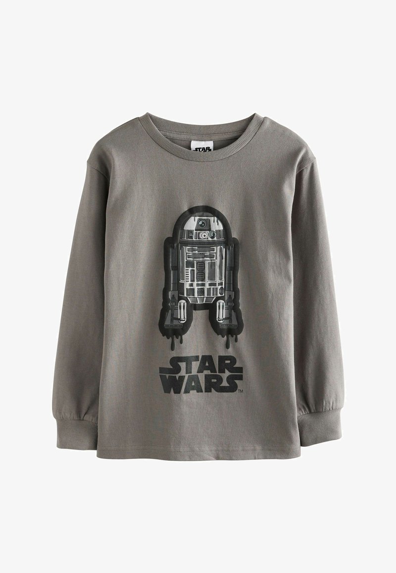 T-shirt gris à manches longues en coton, avec un graphique noir de R2-D2 et le texte "STAR WARS" en gras. Encolure ronde avec des poignets côtelés.