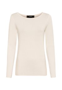 Długorękawowa bluzka z dekoltem w serek, wykonana z jasnobeżowej dzianiny. Gładka faktura, dopasowany krój i minimalistyczny design. Brak widocznych ozdób czy elementów metalowych.
