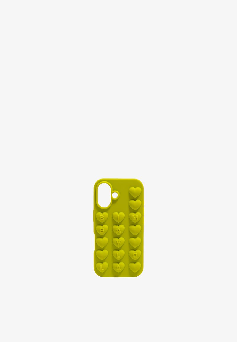 Geel siliconen telefoonhoesje met verheven hartvormen en letters die "BIMBALOL" spellen. Uitsparing voor de cameralenzen aan de zijkant.