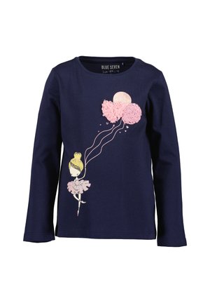 Marineblaues Langarmshirt mit einer Ballerina, die vorne drei pinkfarbene strukturierte Luftballons hält. Größe 4 Jahre.