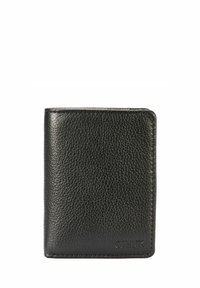 Czarny skórzany portfel o fakturowanej powierzchni, smuk łym prostokątnym kształcie oraz wytłoczonym logo z przodu dla dodatkowego efektu.