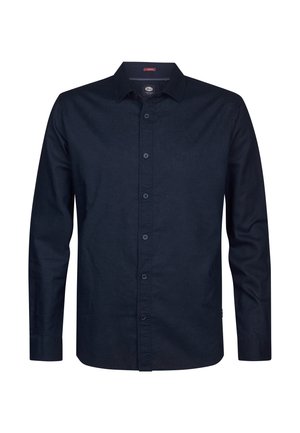 Cămașă bleumarin cu nasturi, mâneci lungi, guler mediu, material texturat, având tiv drept la bază și un detaliu subtil cu logo aproape de tiv.