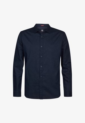 Cămașă bleumarin cu nasturi, mâneci lungi, guler mediu, material texturat, având tiv drept la bază și un detaliu subtil cu logo aproape de tiv.