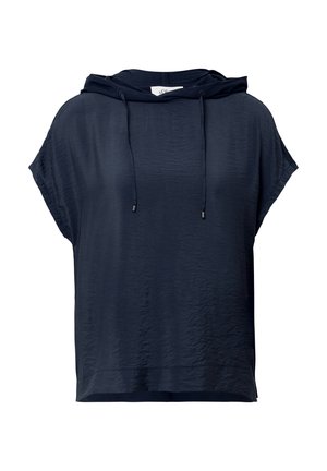 Donkerblauwe hoodie met korte mouwen, voorzien van een trekkoord en gemaakt van lichte, losse stof, gepresenteerd tegen een witte achtergrond.