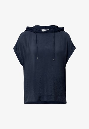 Navy blue short-sleeve hoodie with drawstrings and a loose, lightweight fabric, displayed against a white background.