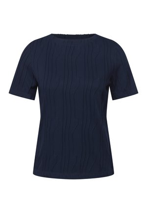 Marineblaue kurzärmlige T-Shirt mit einem strukturierten Wellenmuster, Rundhalsausschnitt und lässiger Passform. Hergestellt aus einem weichen, dehnbaren Material.