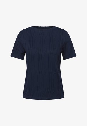 T-shirt à manches courtes bleu marine avec un motif de vagues texturé, col rond et coupe décontractée. Fabriqué à partir d'un matériau doux et extensible.
