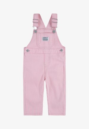 Mala de fato-de-banho rosa riscada com alças ajustáveis, metais prateados e um bolso frontal. Feita de tecido macio com linhas verticais.