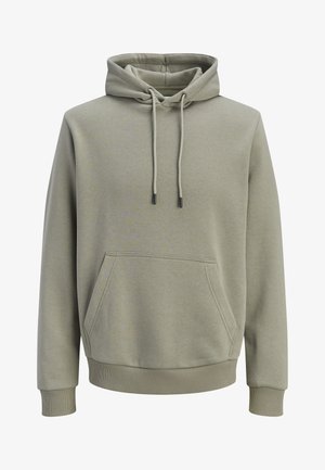 Lys olivengrøn hættetrøje med forlommekangaroo, snore og ribstrikkede manchetter og kant.
