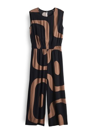 Black jumpsuit with tan abstract patterns, sleeveless design, elastic waist, and a round neckline. Smooth fabric with a relaxed fit.