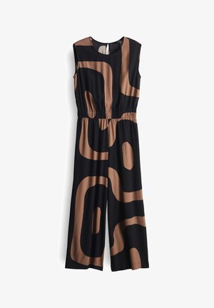 Black jumpsuit with tan abstract patterns, sleeveless design, elastic waist, and a round neckline. Smooth fabric with a relaxed fit.