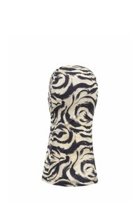 Gebreide muts met een crème achtergrond en zwart spiraalpatroon, met een aansluitend ontwerp voor warmte en stijl. Zachte textuur, zonder versieringen.