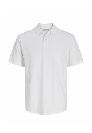 White short-sleeve polo shirt with collar and two-button placket, displayed flat on white background.