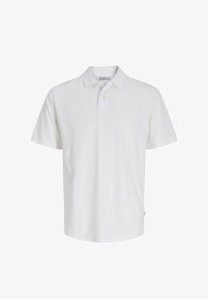 Valge lühikeste varrukatega polo-särk kraega ja kahe nupuga pauguga, laotatud tasa valgel taustal.