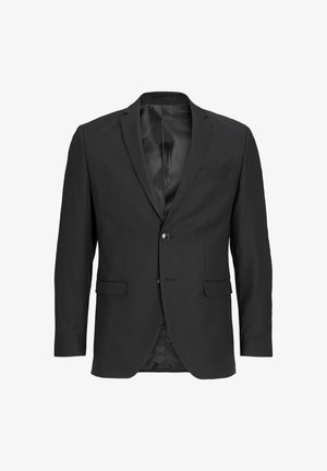 Svart blazer i slät tyg, enkelknäppt design, slagkrage, en bröstficka, två framfickor och en subtil lyster.