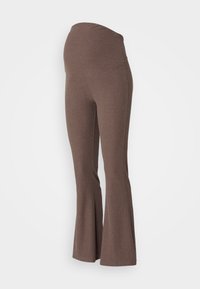 Bruna graviditetsbyxor med flare-design, ribbad struktur, hög midja och sömlöst stöd för magen för komfort och rörelsefrihet.