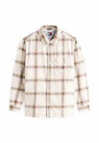 Plaid button-up shirt in light beige with brown and blue accents. Features a chest pocket and button closure. Cotton material, long sleeves.