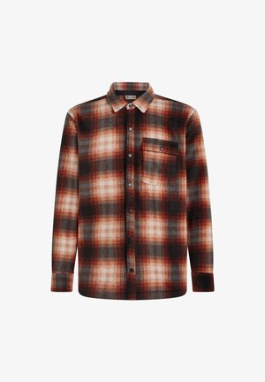 Rot-schwarz karierte Flanellhemd mit Button-Down-Kragen, langen Ärmeln und einer Brusttasche. Weicher Stoff und karierter Muster.