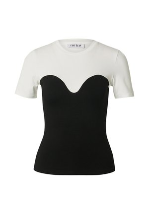 Zwart-witte top met korte mouwen en een ronde hals; heeft een golvend design over de borst, gemaakt van een zachte, rekbare stof.