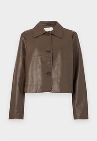 Brown cropped leather jacket with long sleeves, large collar, and three black buttons down the front.