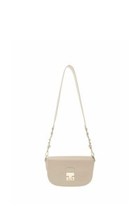 Beige leather crossbody bag with a curved shape, gold hardware, and a flat clasp closure. Features a single adjustable strap.