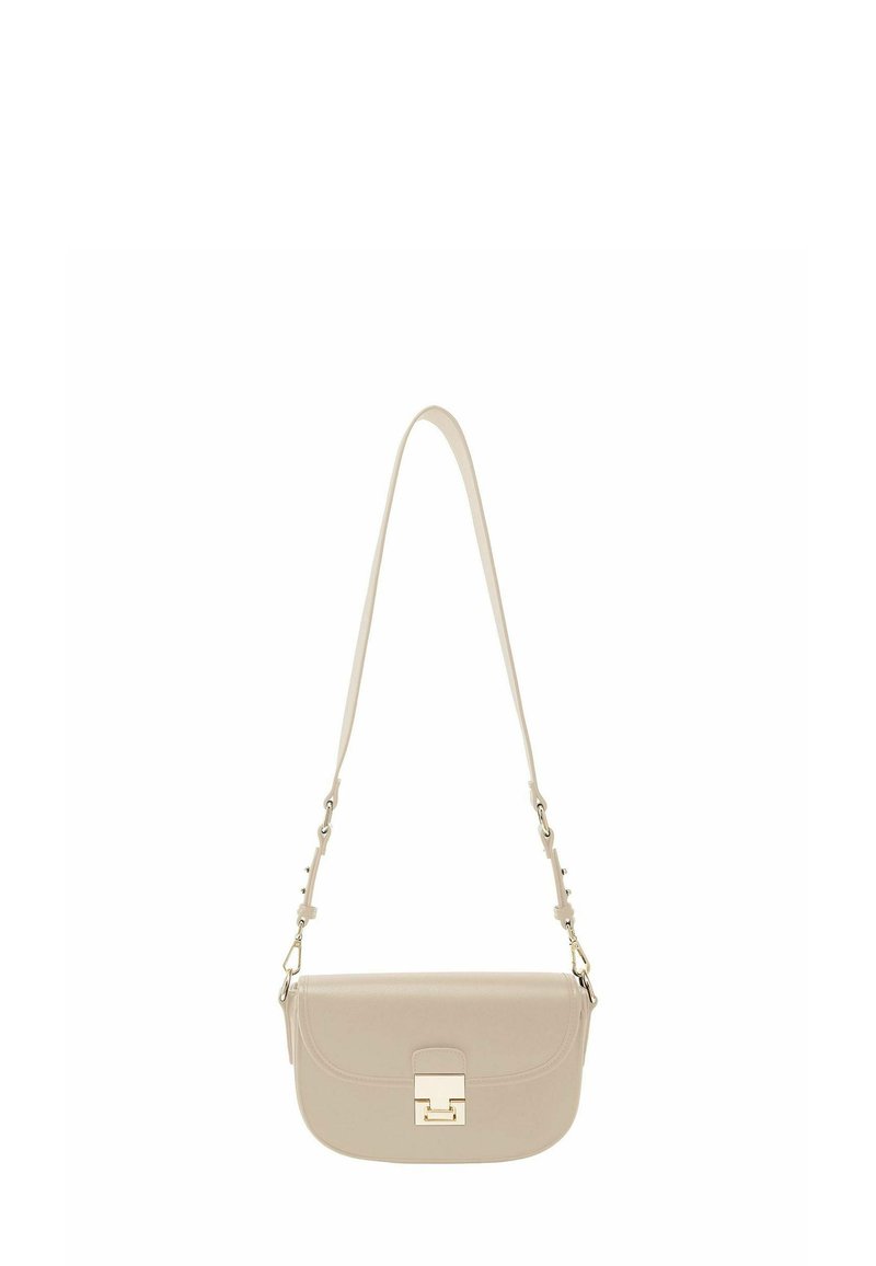 Beige leather crossbody bag with a curved shape, gold hardware, and a flat clasp closure. Features a single adjustable strap.