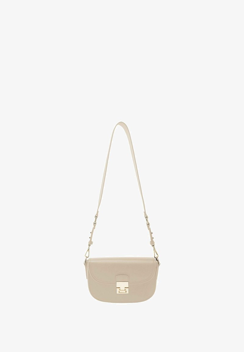 Beige leather crossbody bag with a curved shape, gold hardware, and a flat clasp closure. Features a single adjustable strap.
