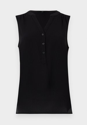 Top preto sem mangas com decote em V, botões à frente e pregas subtis nos ombros. Feito de tecido leve e suave com uma textura lisa.