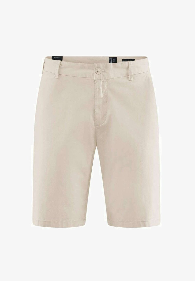 Shorts en coton beige avec fermeture à bouton, zip et passants de ceinture. Comprend des poches latérales et une texture douce. Longueur au-dessus du genou.