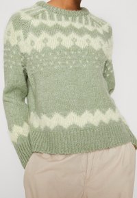 Jasnozielony sweter z dzianiny z kremowym wzorem w zygzaki, okrągłym dekoltem i długimi rękawami. Miękka, teksturowana przędza z ściągaczem u dołu.