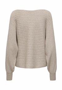 Beige knitted sweater with a textured rib pattern, wide boat neckline, and puffed sleeves, featuring fitted cuffs and a relaxed fit.