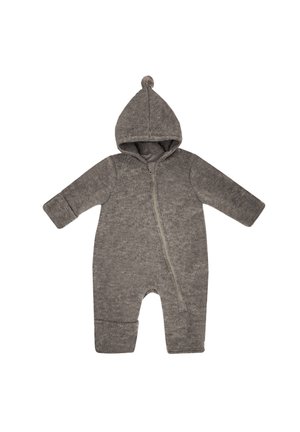 Soft grey baby jumpsuit with long sleeves, hood with pom-pom, and diagonal zipper closure from neck to leg.