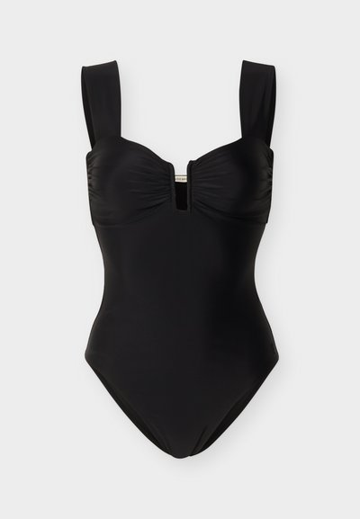 Μαύρο ολόσωμο μαγιό με φαρδιές τιράντες στους ώμους, ραμμένο μπούστο με ρίγες και V-σχήμα εγκοπής στο κέντρο μπροστά.